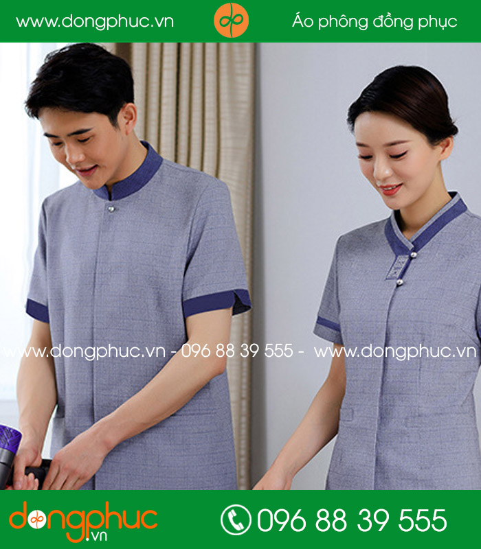 đồng phục vệ sinh màu ghi viền cổ xanh đậm